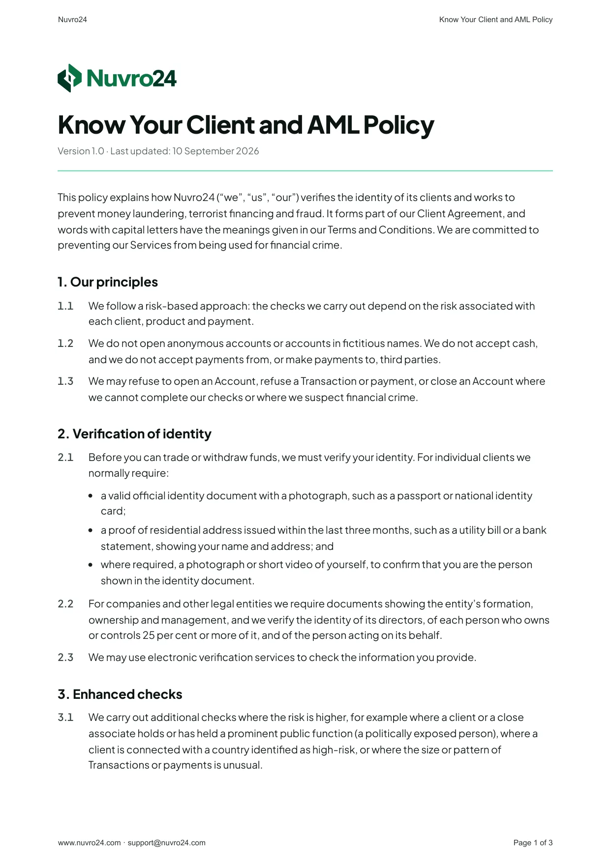 Know Your Client and AML Policy, page 1 of 3